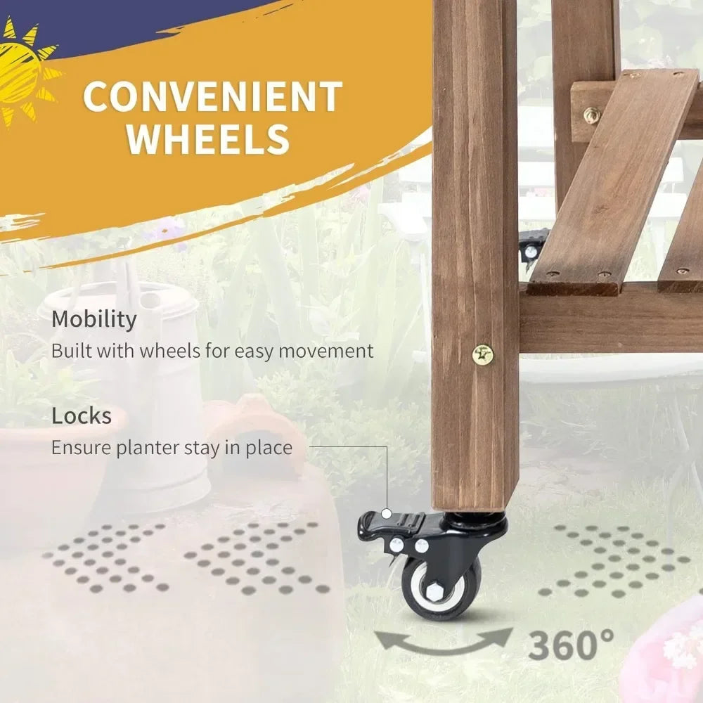 Wooden Outdoor Plant Box Stand with Folding Side Table and Wheels, Raised Garden Bed with 8 Grow Grids