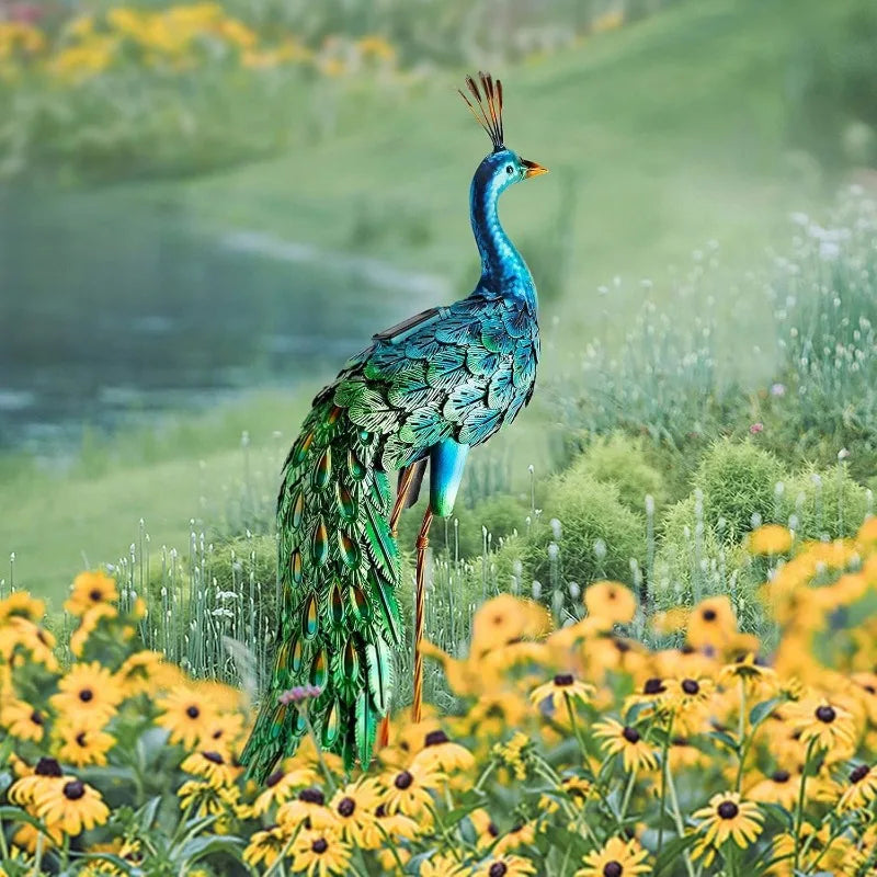 Outdoor Solar Peacock Statue, Metal Yard Art