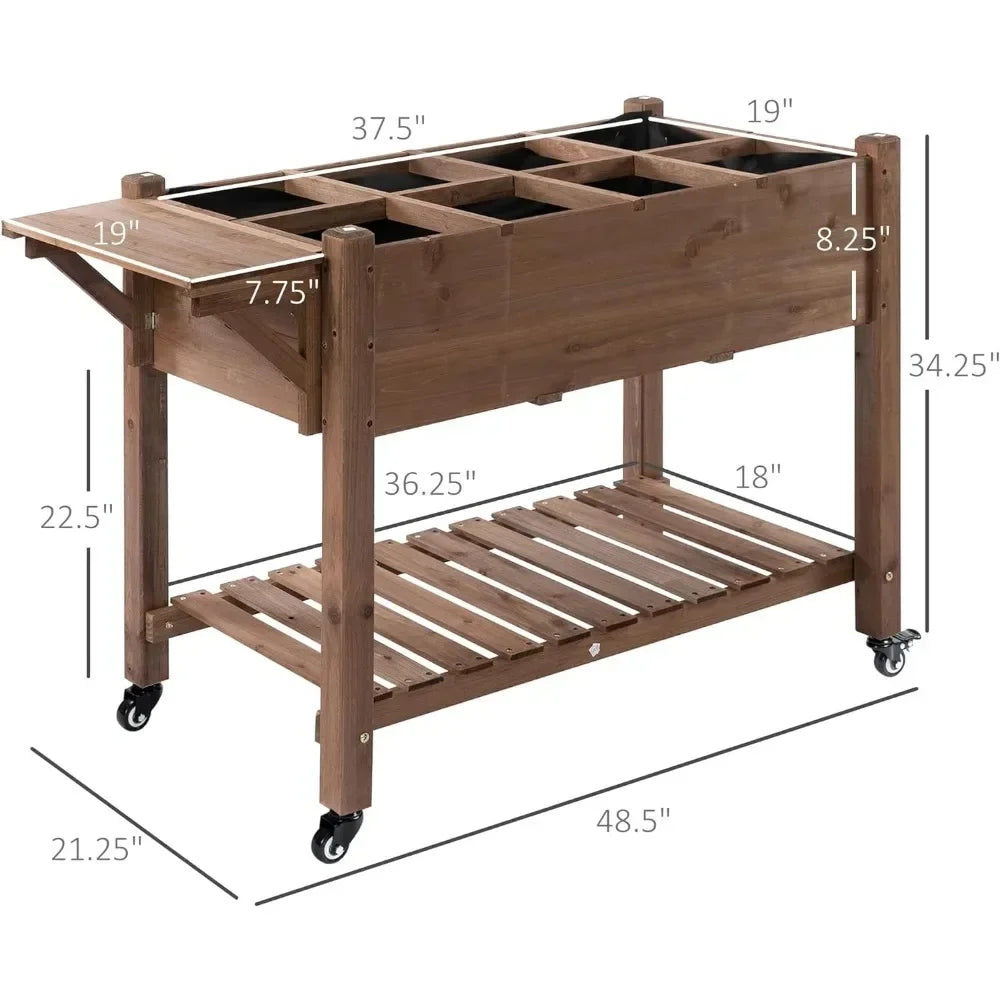 Wooden Outdoor Plant Box Stand with Folding Side Table and Wheels, Raised Garden Bed with 8 Grow Grids