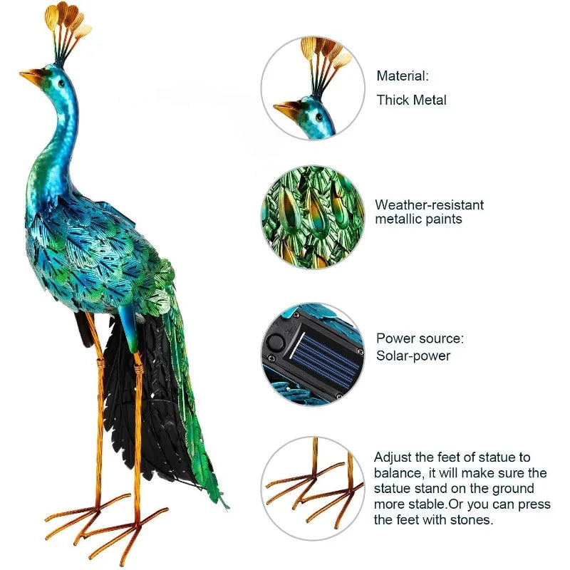 Outdoor Solar Peacock Statue, Metal Yard Art