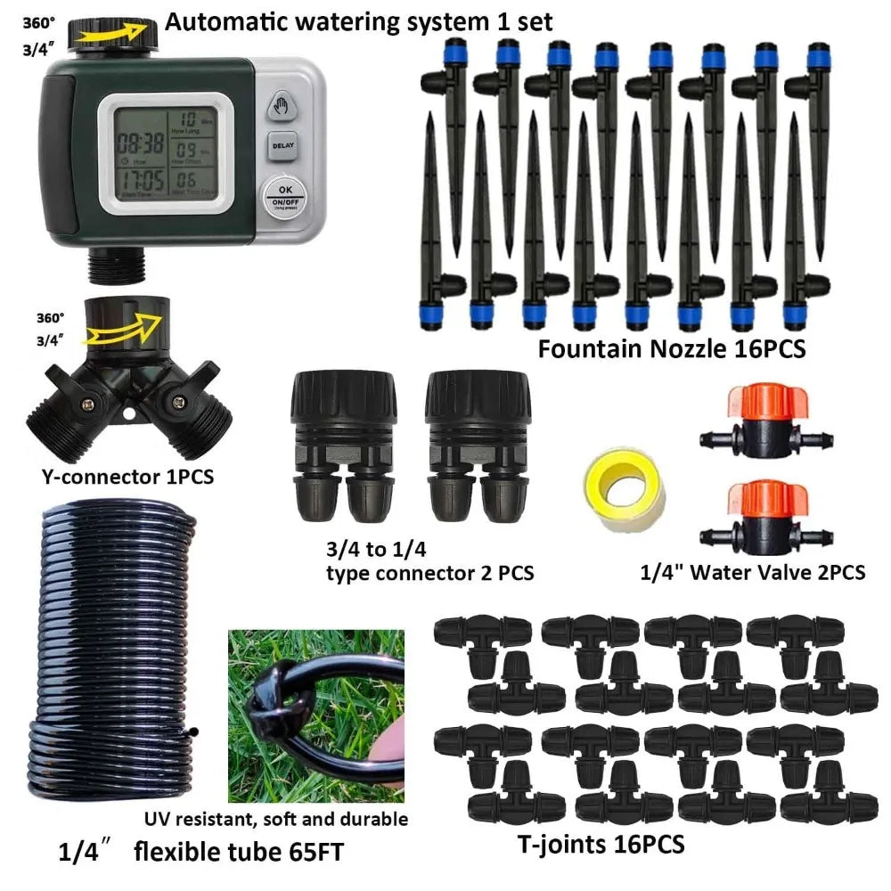 Drip irrigation system kit, water timer 82FT 1/4 hose,16 fountain nozzles.