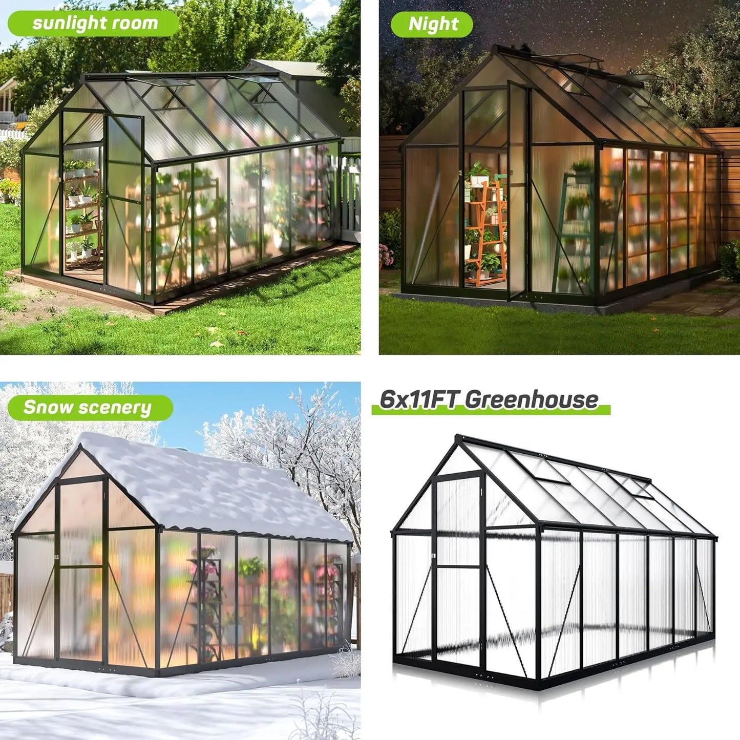6x11 FT Greenhouse, Quick Setup Structure, Roof Vent Polycarbonate s