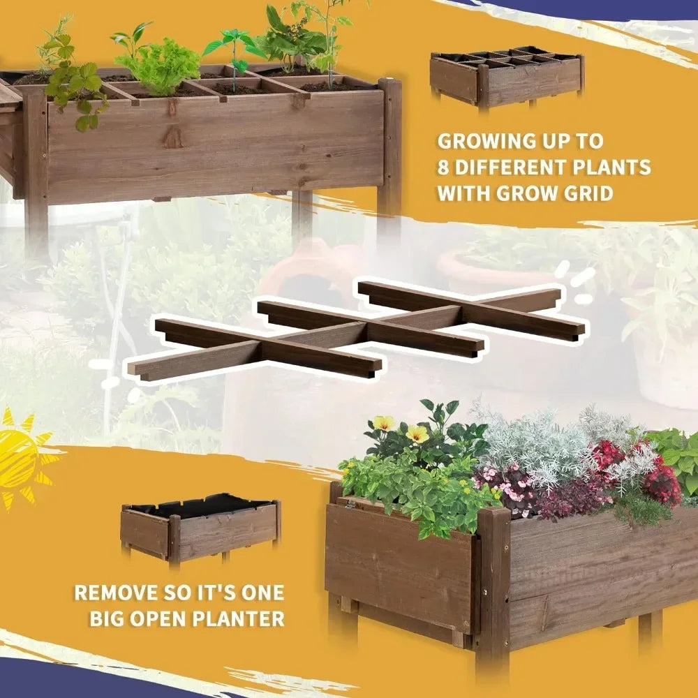 Wooden Outdoor Plant Box Stand with Folding Side Table and Wheels, Raised Garden Bed with 8 Grow Grids