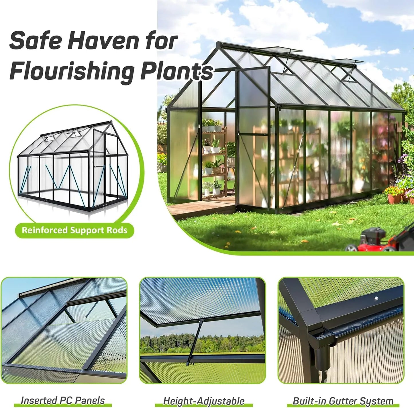 6x11 FT Greenhouse, Quick Setup Structure, Roof Vent Polycarbonate s