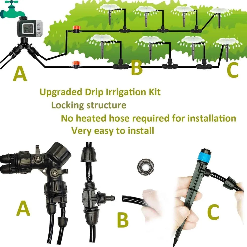 Drip irrigation system kit, water timer 82FT 1/4 hose,16 fountain nozzles.