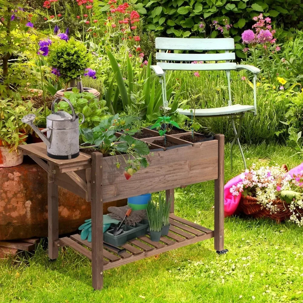 Wooden Outdoor Plant Box Stand with Folding Side Table and Wheels, Raised Garden Bed with 8 Grow Grids