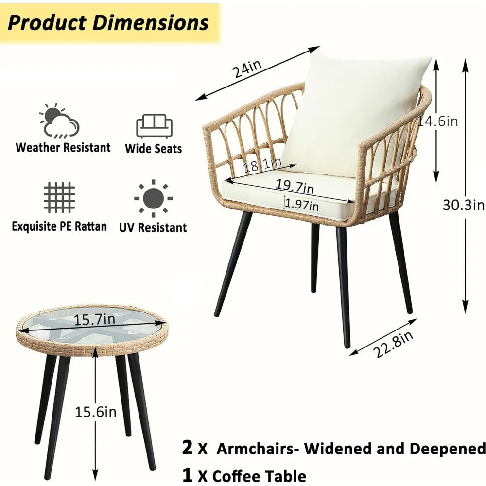 3 Piece Patio Bistro Set, Outdoor Wicker Furniture