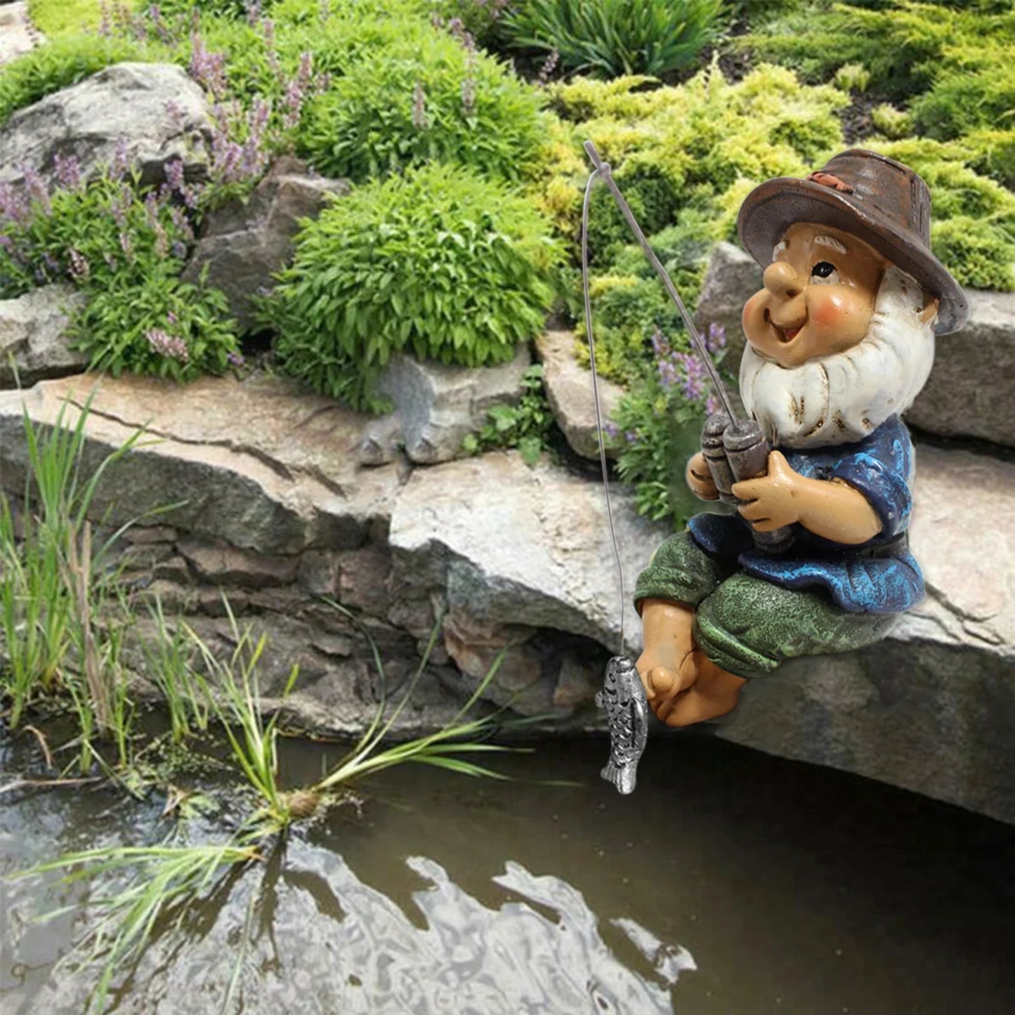 New Adorable Fishing Gnome Statue - Funny Naughty Garden Gnome Figurine - Charming Dwarf Sculpture Resin Ornament - Perfect Lawn