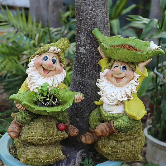 Gnome Bird Feeder Pastoral Gnome With Leaf Flower Pot Cartoon Sculpture Decoration Elf Dwarf Outdoor Sculpture Garden Dwarf Yard