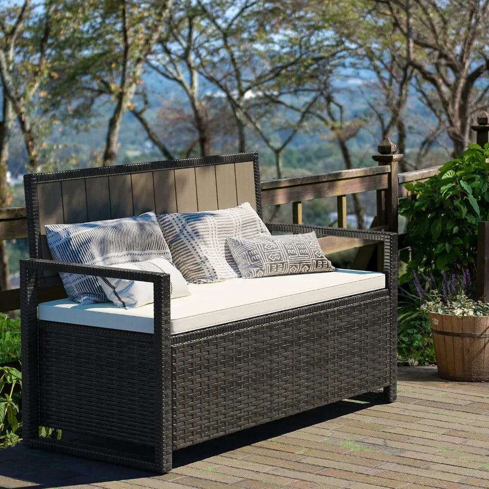 Outdoor Storage Bench, All-Weather PE Rattan Deck Box