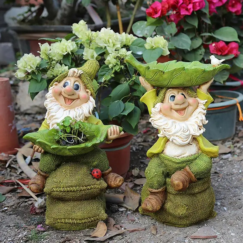 Gnome Bird Feeder Pastoral Gnome With Leaf Flower Pot Cartoon Sculpture Decoration Elf Dwarf Outdoor Sculpture Garden Dwarf Yard