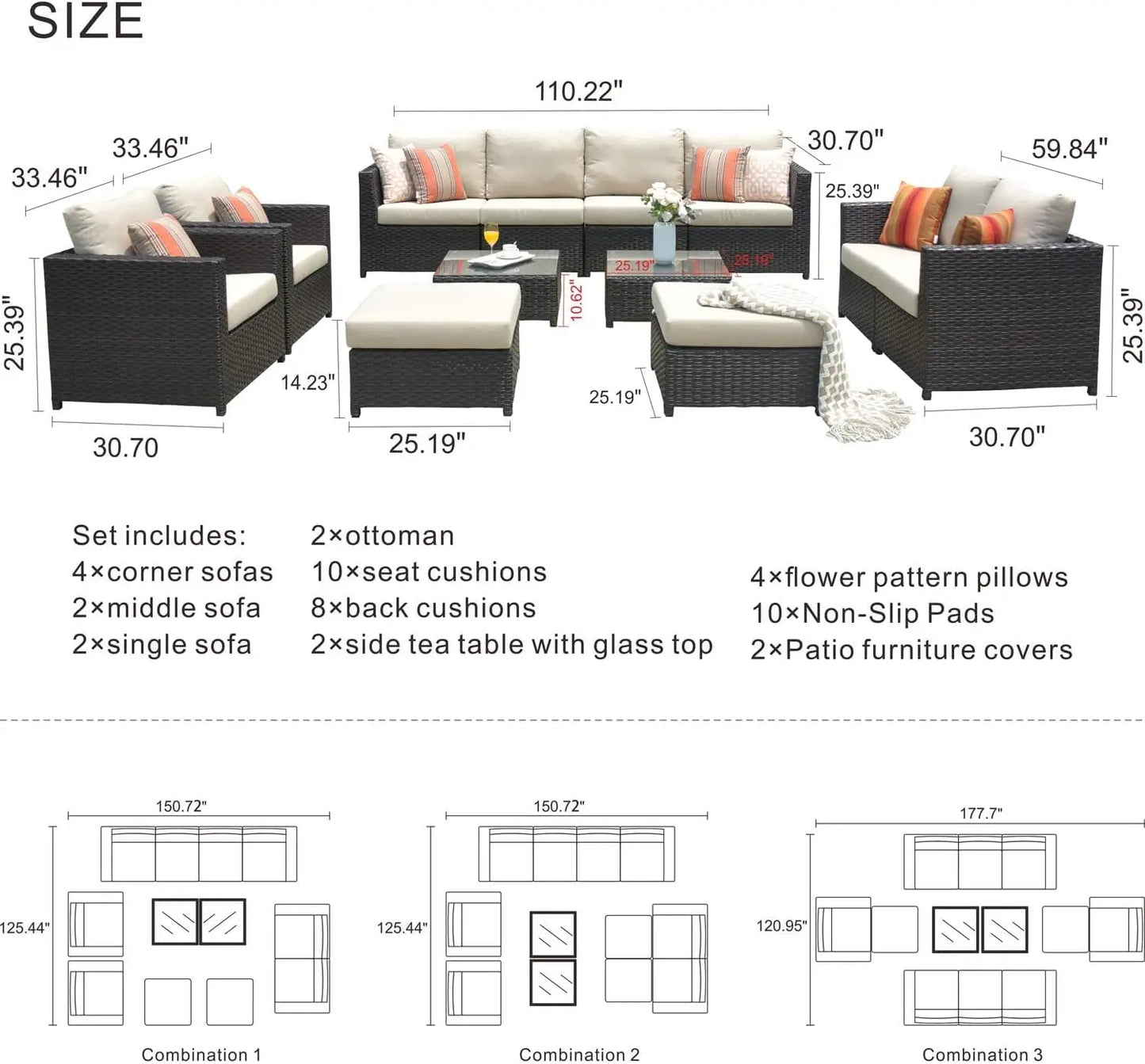 12 Pieces Sectional Sofa Sets with Thick Cushions Fully Assembled Furniture